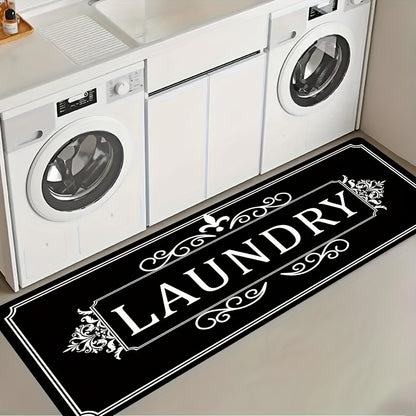 Black laundry floor mat with elegant design, ideal for laundry rooms and washing areas