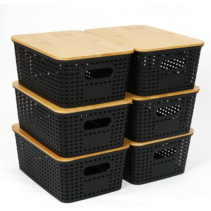 Stack of black storage baskets with bamboo lid for stylish organization solutions