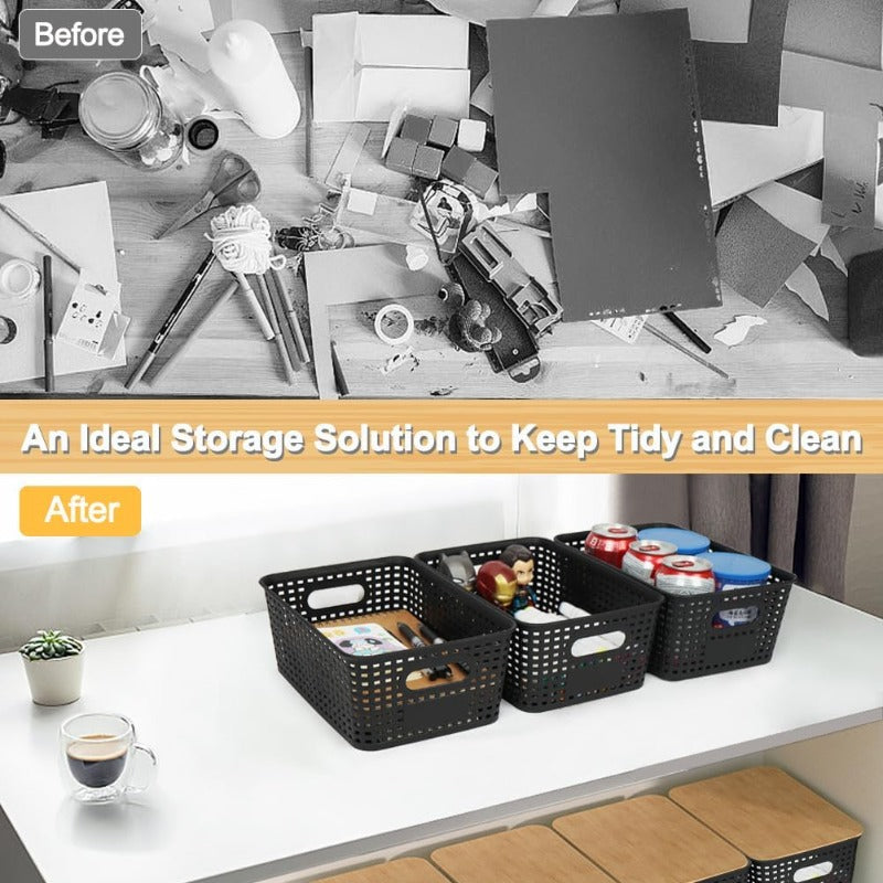 Nutshell black storage baskets with bamboo lid arranged neatly for organized clutter management