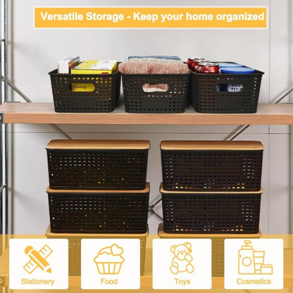 Nutshell black storage baskets with bamboo lid on a shelf, ideal for organizing various items