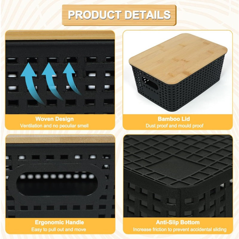 Nutshell black storage baskets with bamboo lid featuring woven design and ergonomic handles