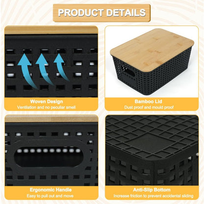 Nutshell black storage baskets with bamboo lid featuring woven design and ergonomic handles