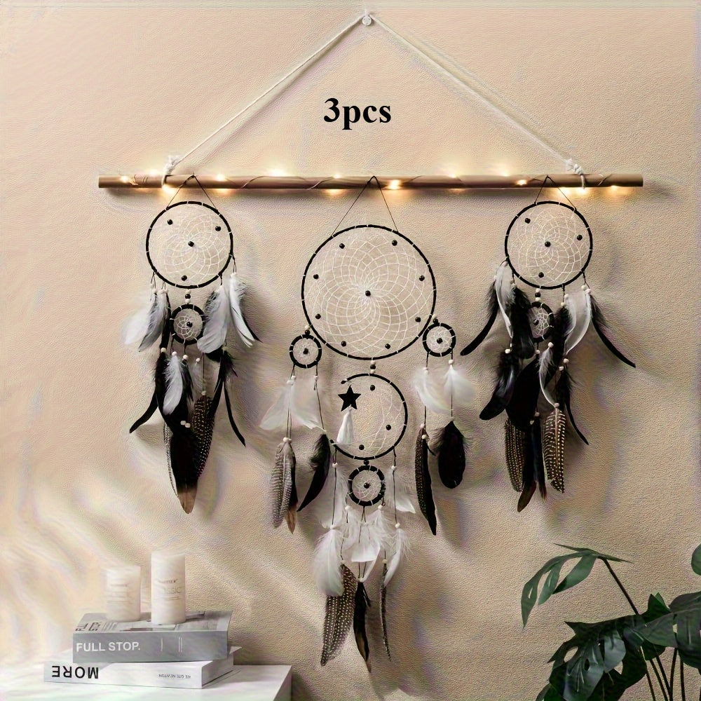 Nutshell bohemian dreamcatcher wall hanging set of three with feathers and decorative elements