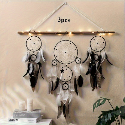 Nutshell bohemian dreamcatcher wall hanging set of three with feathers and decorative elements
