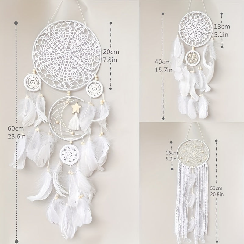 Elegant bohemian dreamcatcher wall hanging with delicate feathers and intricate lace design