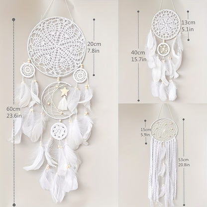 Elegant bohemian dreamcatcher wall hanging with delicate feathers and intricate lace design