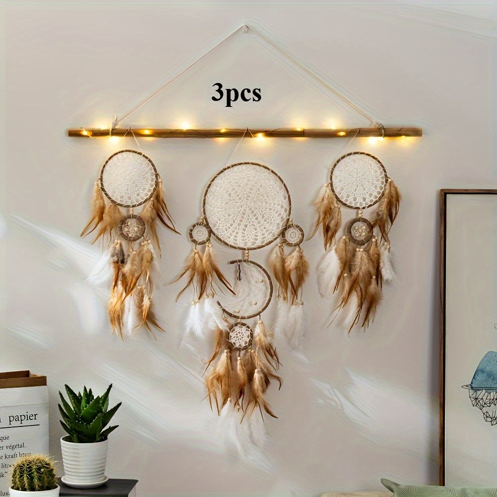 Nutshell bohemian dreamcatcher wall hanging with three pieces and decorative feathers for stylish home decor