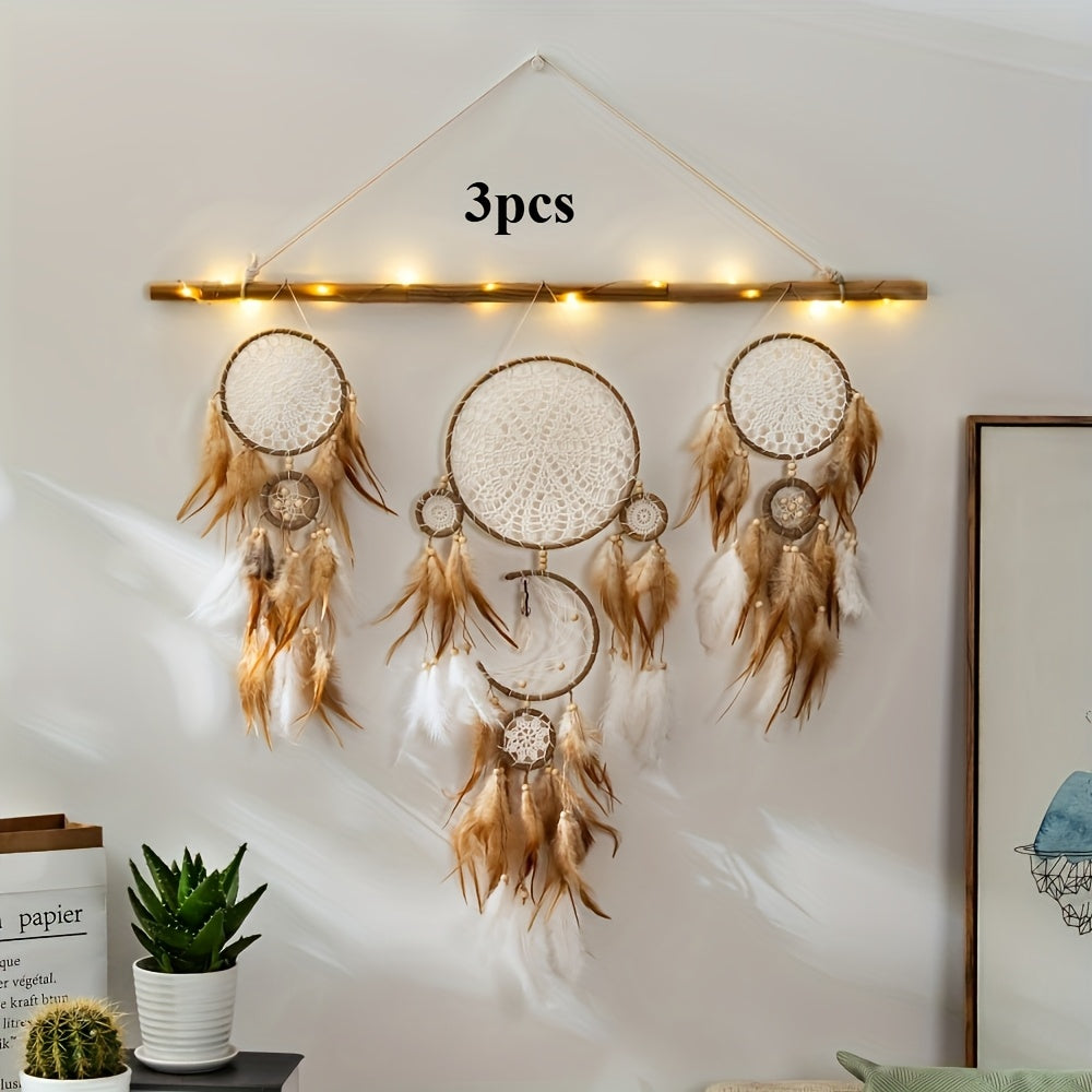 Bohemian dreamcatcher wall hanging set with three pieces and decorative feathers and LED lights