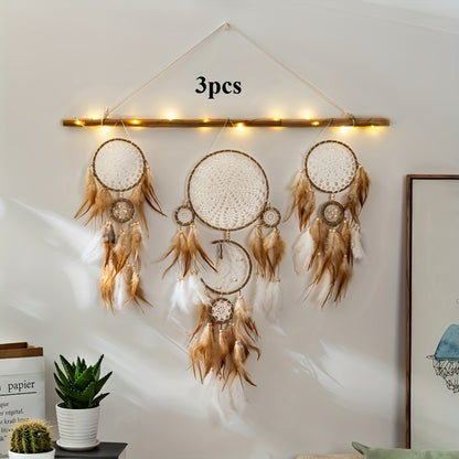 Bohemian dreamcatcher wall hanging set with three pieces and decorative feathers and LED lights