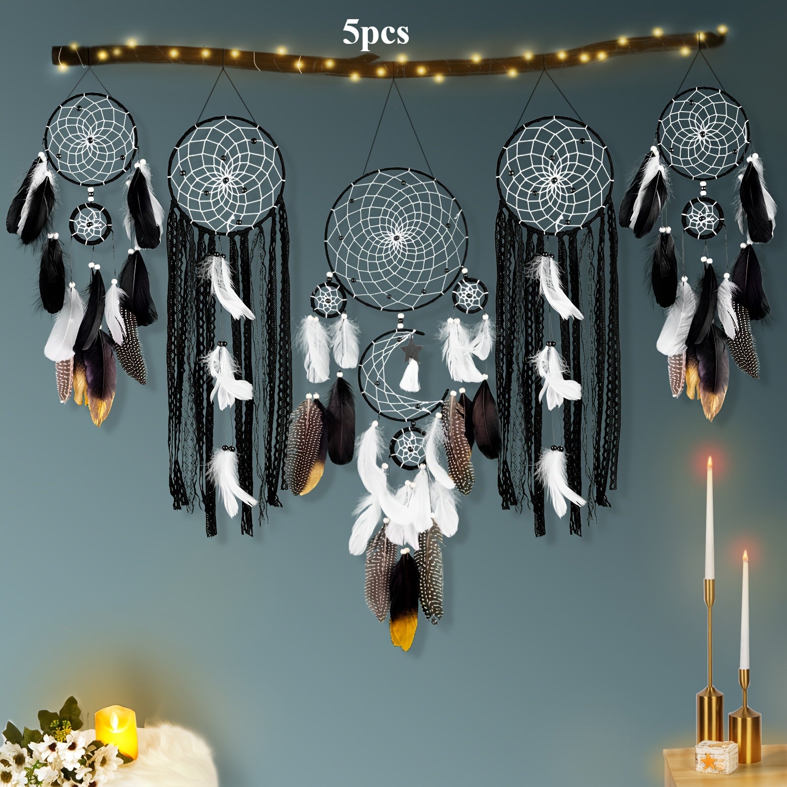 Bohemian dreamcatcher wall hanging set of 5 with feathers and beads for stylish home decor