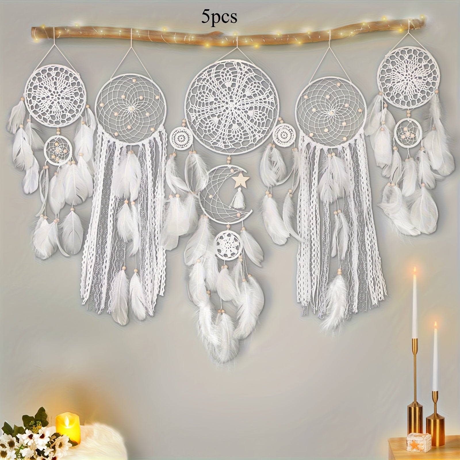 Bohemian dreamcatcher wall hanging set of five with feathers and intricate designs for stylish home decor