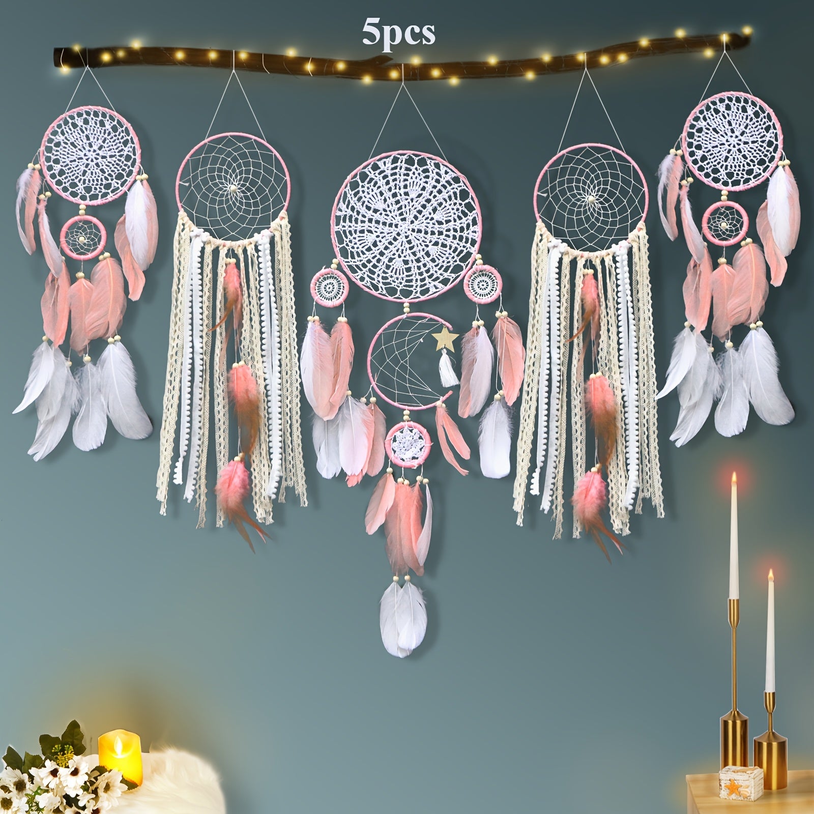 Nutshell bohemian dreamcatcher wall hanging set of 5 with feathers and intricate designs