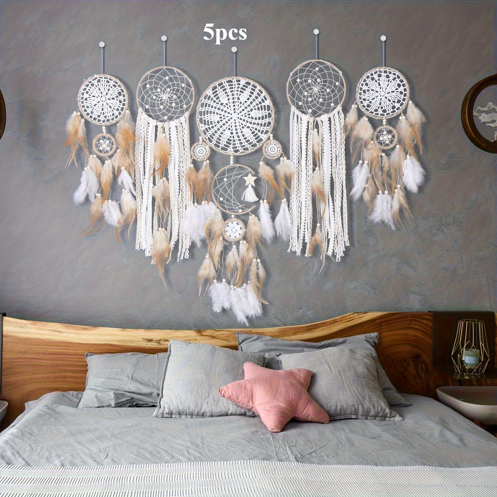 Bohemian dreamcatcher wall hanging set of 5 pieces with macrame and feathers for home decor