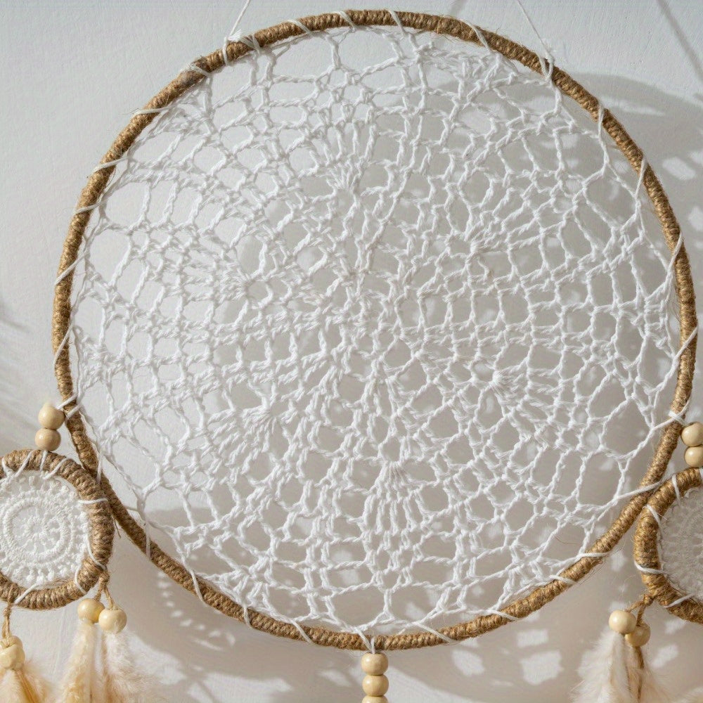 Bohemian dreamcatcher wall hanging with intricate crocheted design and wooden beads for home decor