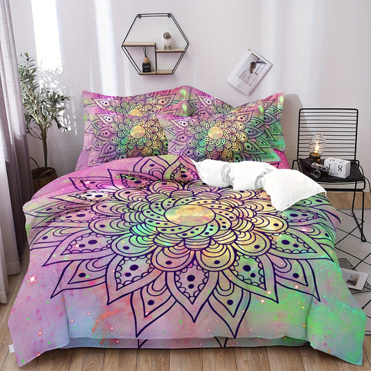 Nutshell bohemian mandala quilt cover in vibrant colors with matching pillow covers for a stylish bedroom decor
