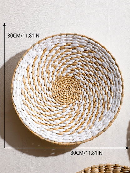 Nutshell woven round basket wall art in natural and white colors 30cm bohemian wall decor