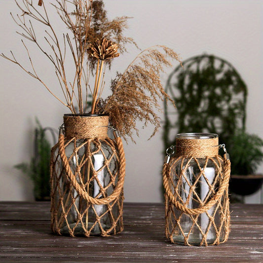 Boho handwoven jute rope vase with decorative branches for stylish home decor