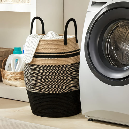 Boho Laundry Hamper in natural and black tones, perfect for stylish organization in any laundry room