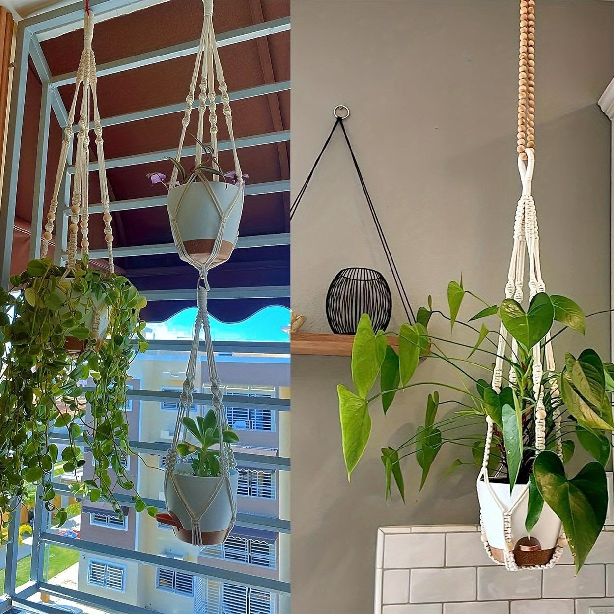 Boho Macrame Plant Hangers Self-Watering Hanging Baskets showcasing lush green plants in bright indoor settings