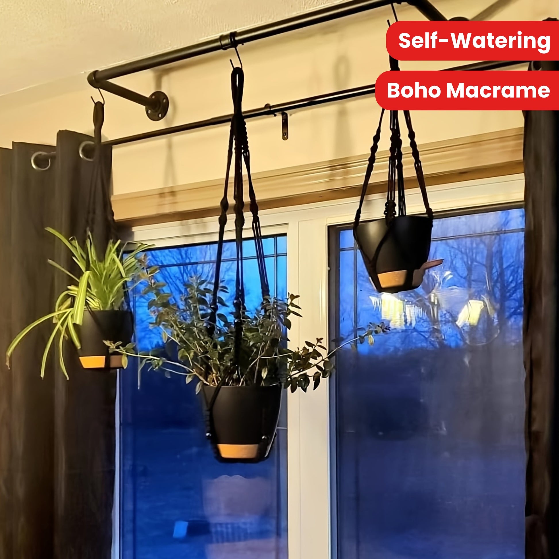 Self-Watering Boho Macrame Plant Hangers with Black Baskets for Elegant Indoor Plant Display
