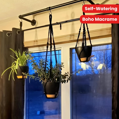 Self-Watering Boho Macrame Plant Hangers with Black Baskets for Elegant Indoor Plant Display