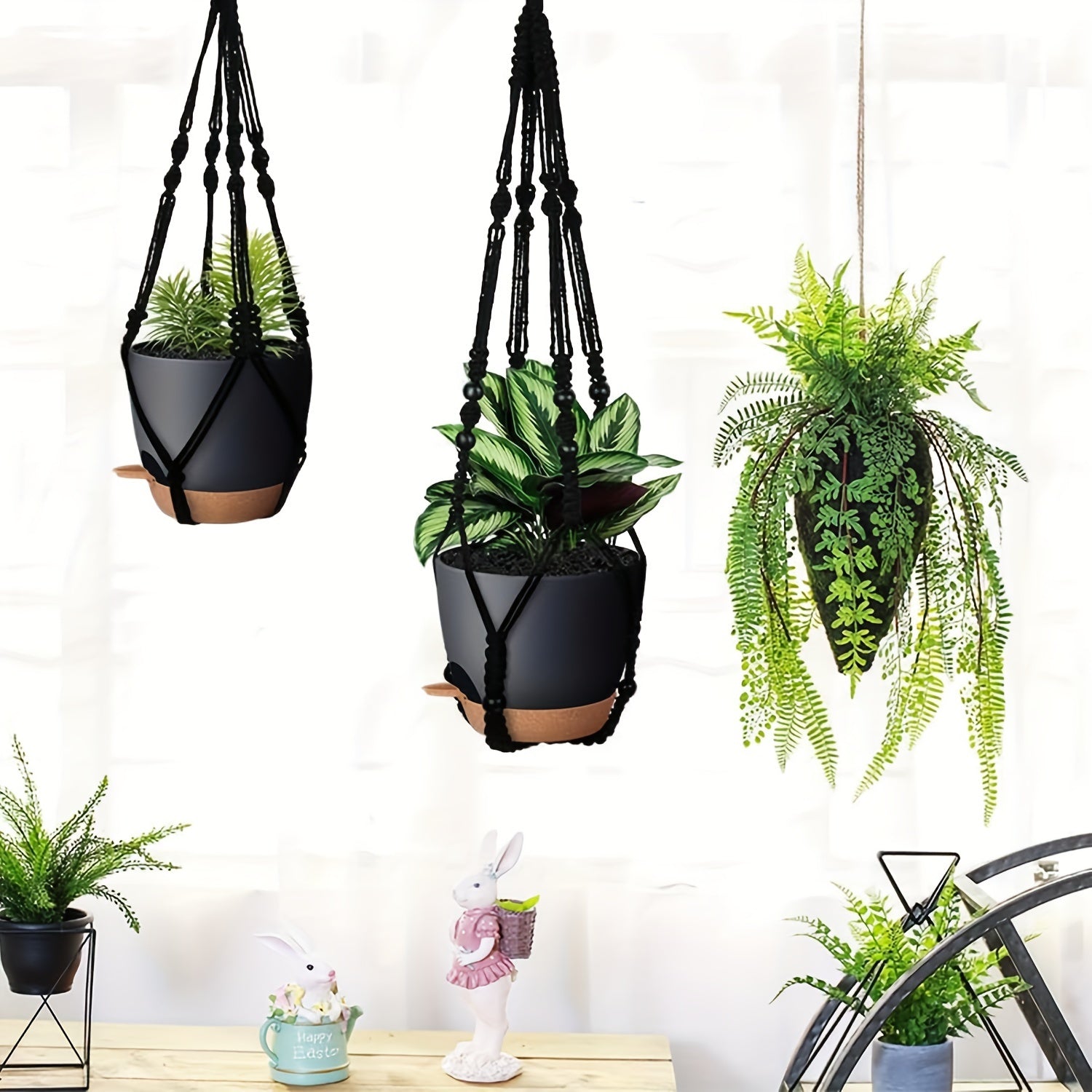Boho Macrame Plant Hangers Self-Watering Hanging Baskets in Black with Lush Green Plants