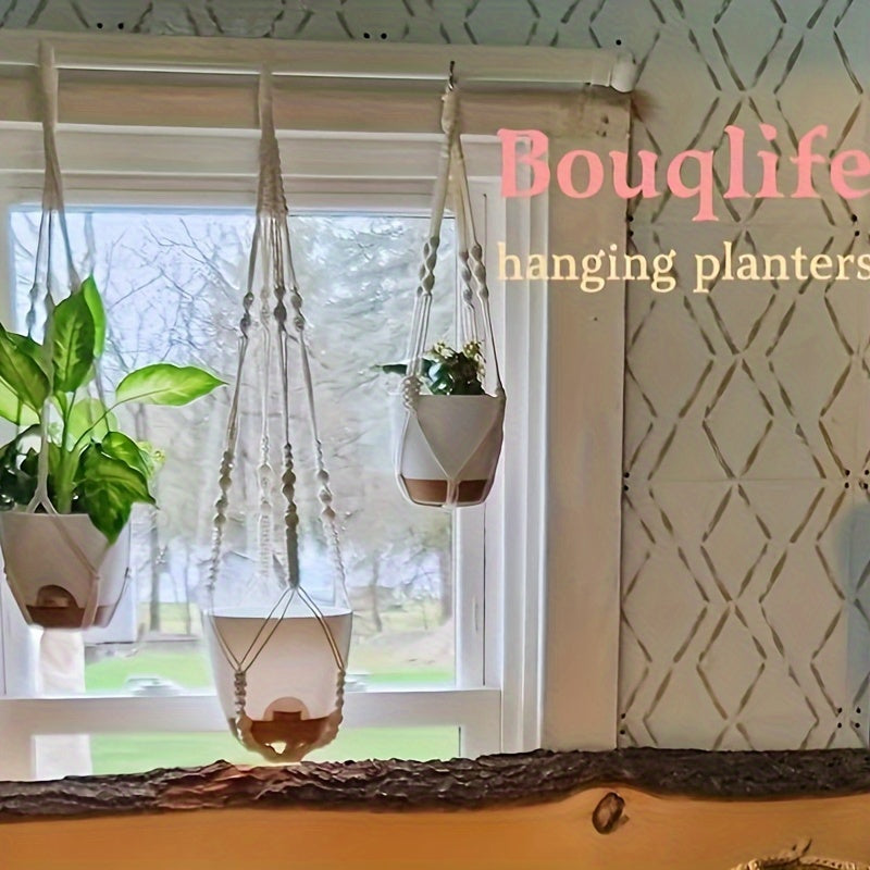 Boho Macrame Plant Hangers Self-Watering Hanging Baskets with Green Plants in a Bright Window