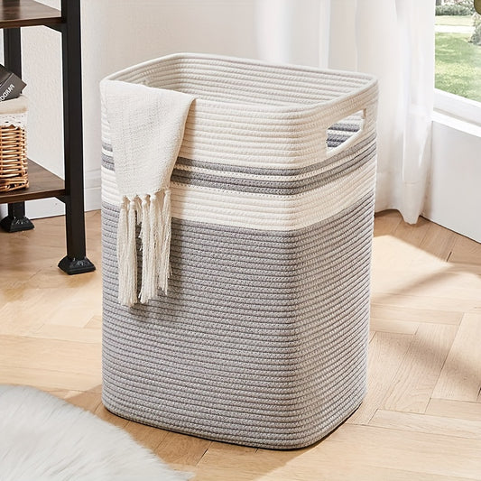 Boho Rope Woven Storage Basket in Gray and White, perfect for organizing home decor and soft items
