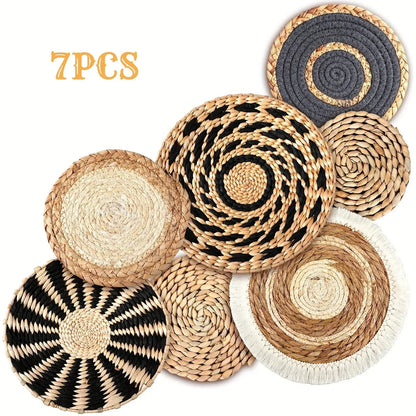 Boho seagrass wall baskets set of 7 in various patterns and colors for stylish home decor