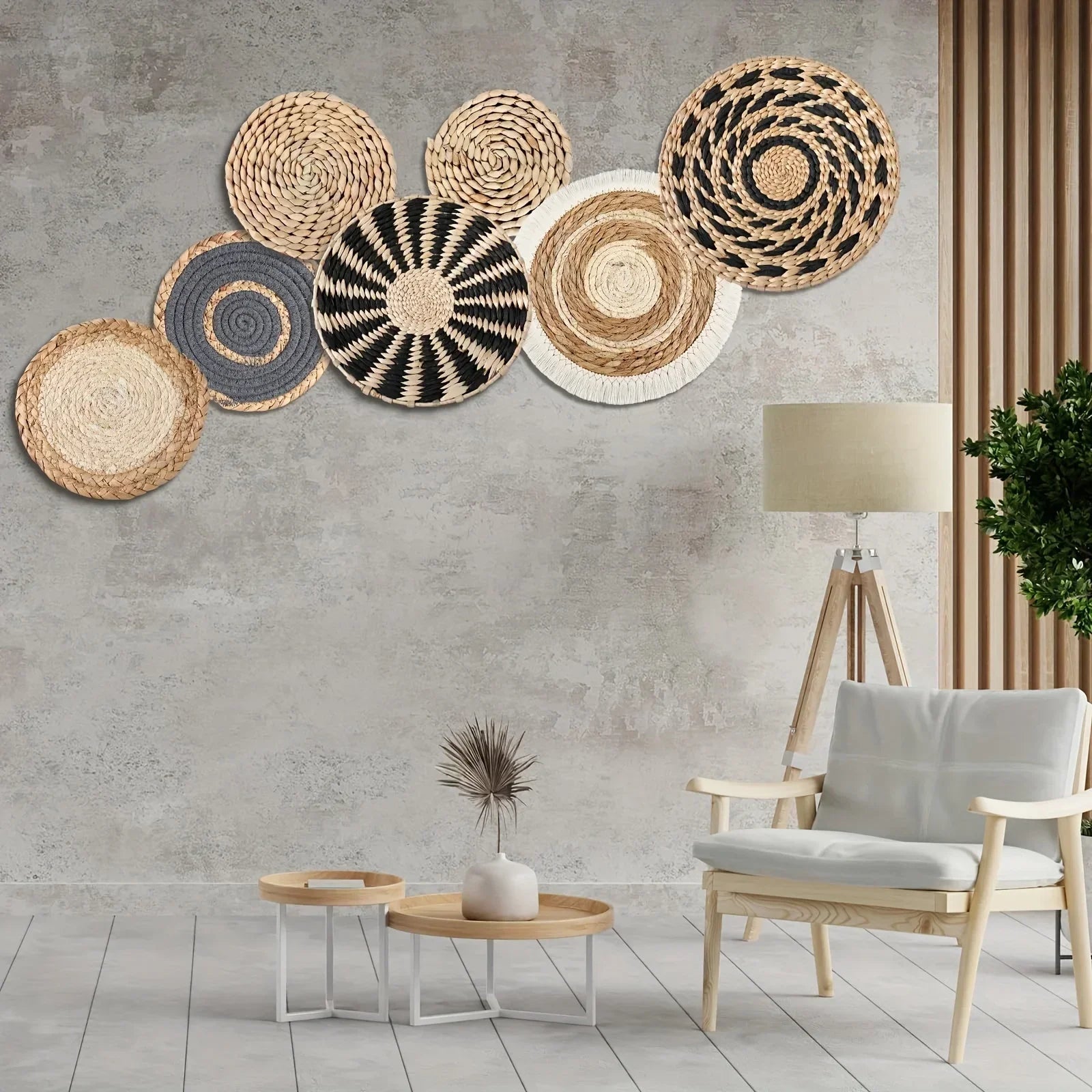 Boho seagrass wall baskets set displayed on a wall in a stylish living room setting