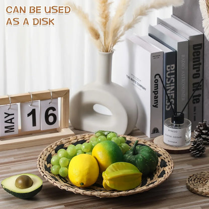 Boho seagrass wall baskets set displayed as table decor with fresh fruits and a vase