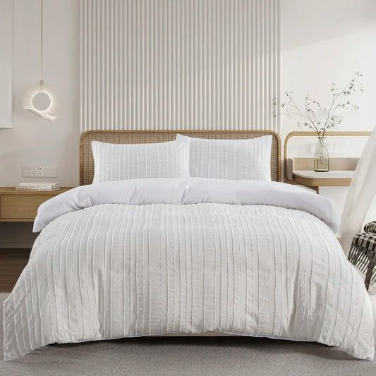 Boho Striped Duvet Cover Set White by Nutshell on bed with matching pillowcases in modern bedroom