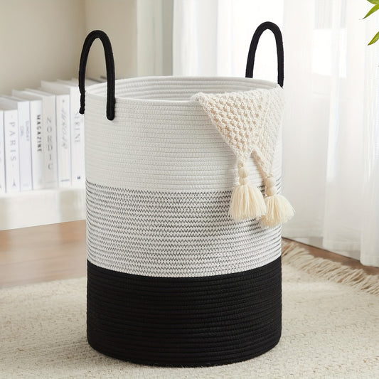 Boho Style Woven Polyester Rope Laundry Basket with neutral colors and decorative tassels