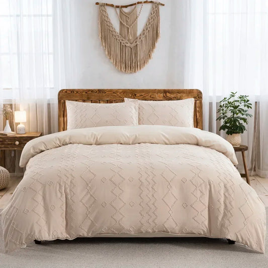 Boho Tufted Duvet Cover in Stylish Beige by Nutshell on wooden bed with matching pillows in bright bedroom