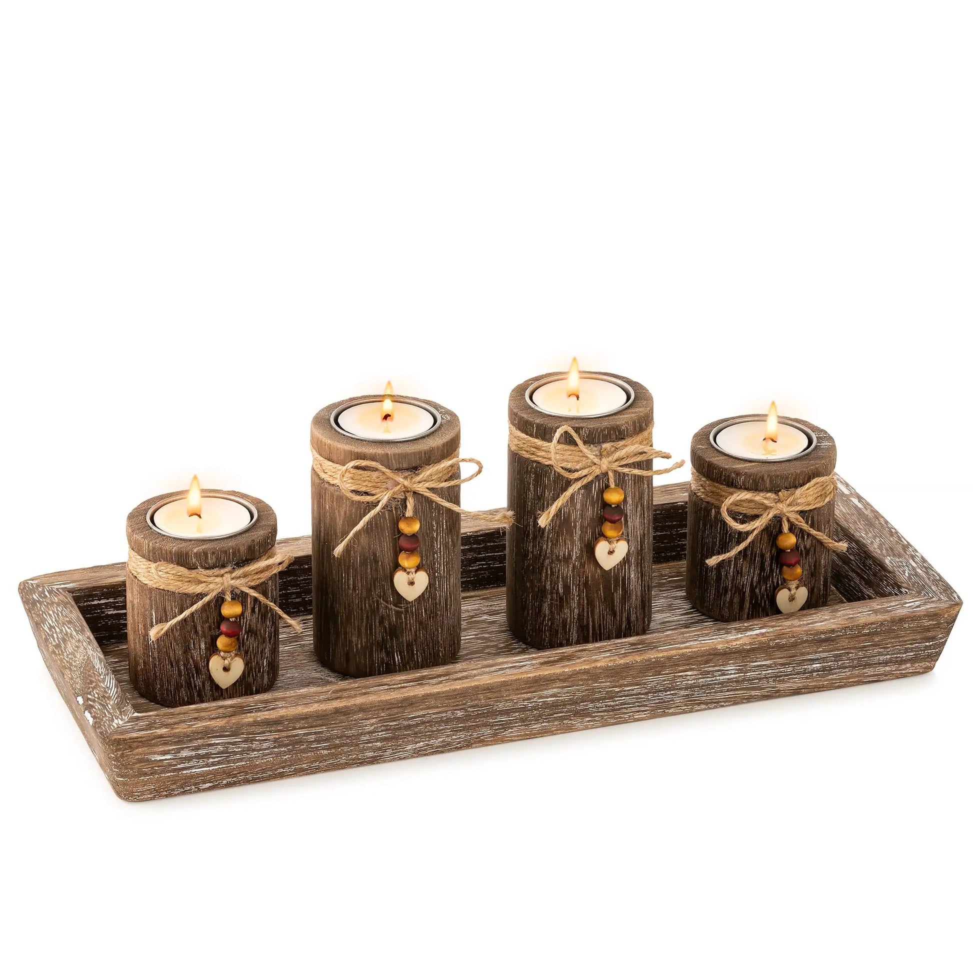 Nutshell boho wooden tray candle centerpiece with four rustic wood pillar candles and decorative twine