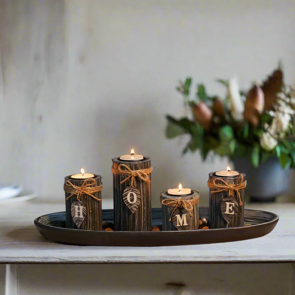 Boho wooden tray candle centerpiece with decorative candles and a modern home setting
