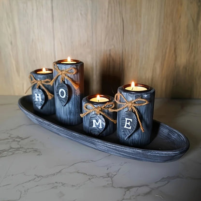 Boho wooden tray candle centerpiece with four candles spelling HOME, featuring a rustic design