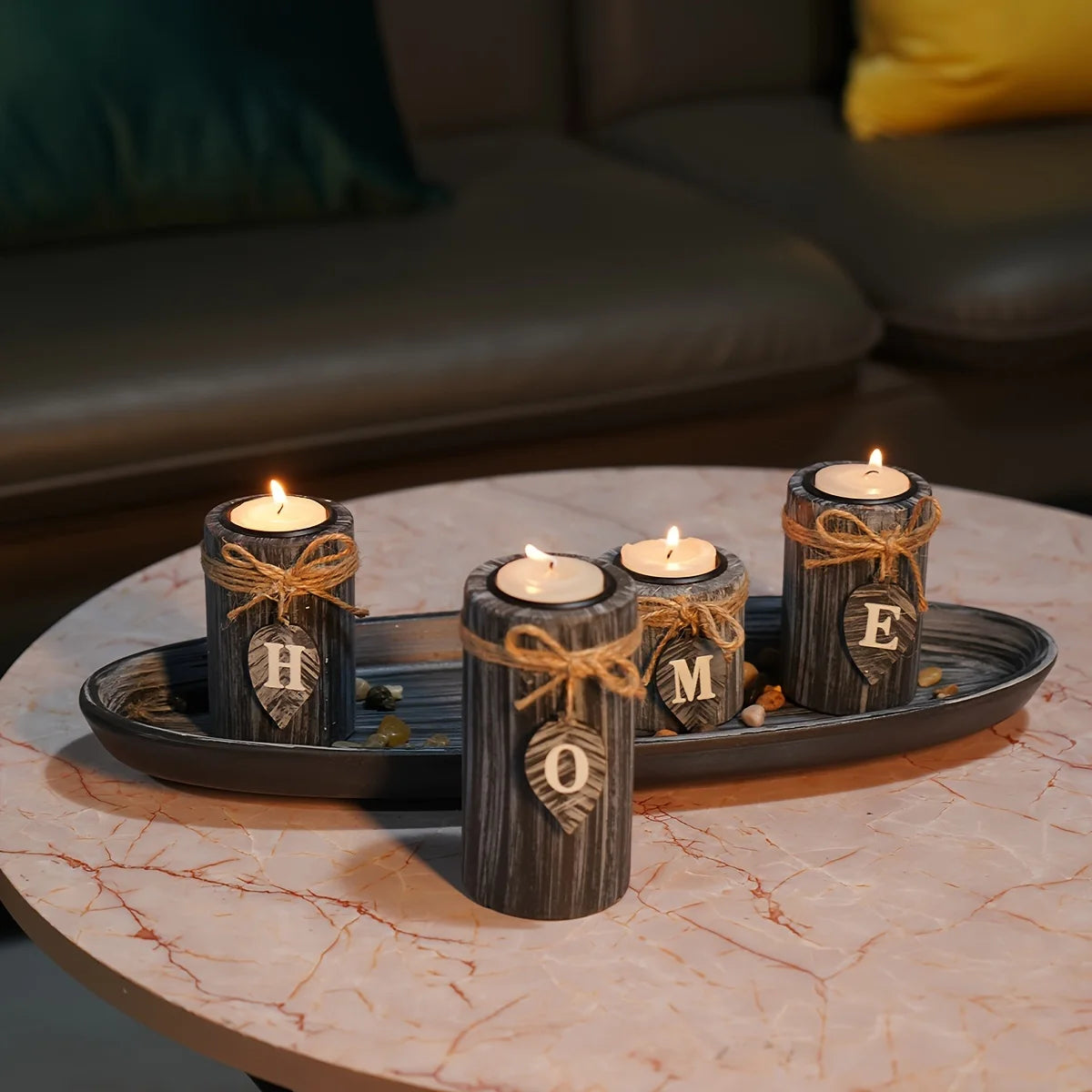 Boho wooden tray candle centerpiece with decorative candles and a cozy home ambiance
