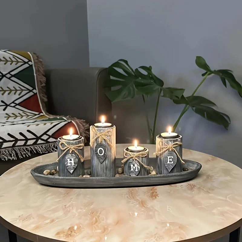 Boho wooden tray candle centerpiece with decorative candles spelling HOME for stylish home decor