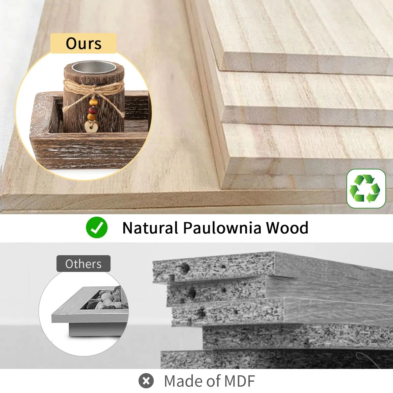 Boho wooden tray candle centerpiece made of natural Paulownia wood by Nutshell compared to MDF