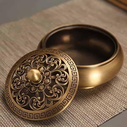 Elegant brass incense burner set with intricate floral design and removable lid for aromatic experiences