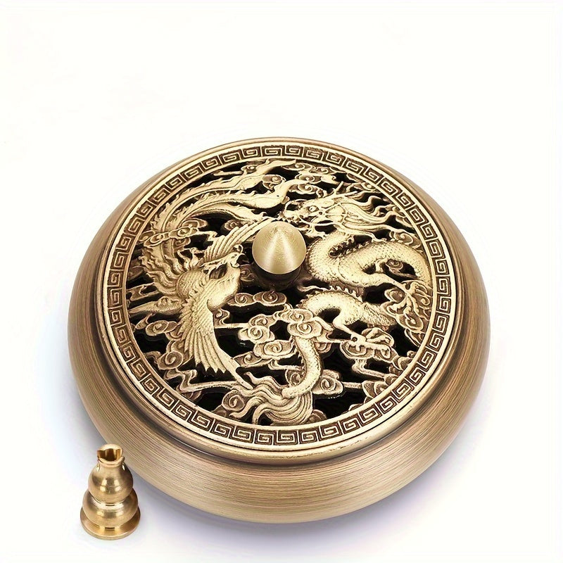 Brass incense burner set with intricate dragon and phoenix design for aromatherapy and decor