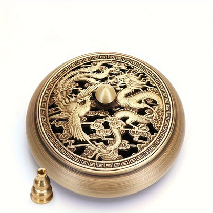Brass incense burner set with intricate dragon and phoenix design for aromatherapy and decor