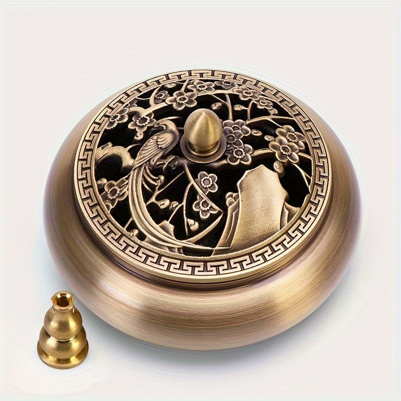 Nutshell brass incense burner set with intricate floral design and removable cone holder