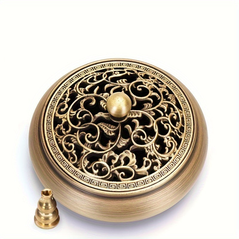 Nutshell brass incense burner set featuring intricate floral designs and a lid for fragrant experiences