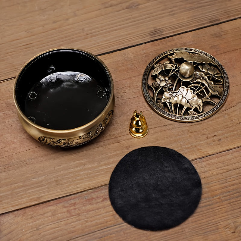 Nutshell brass incense burner set featuring a decorative bowl, lid, and accessories for aromatic experiences