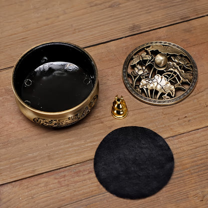 Nutshell brass incense burner set featuring a decorative bowl, lid, and accessories for aromatic experiences