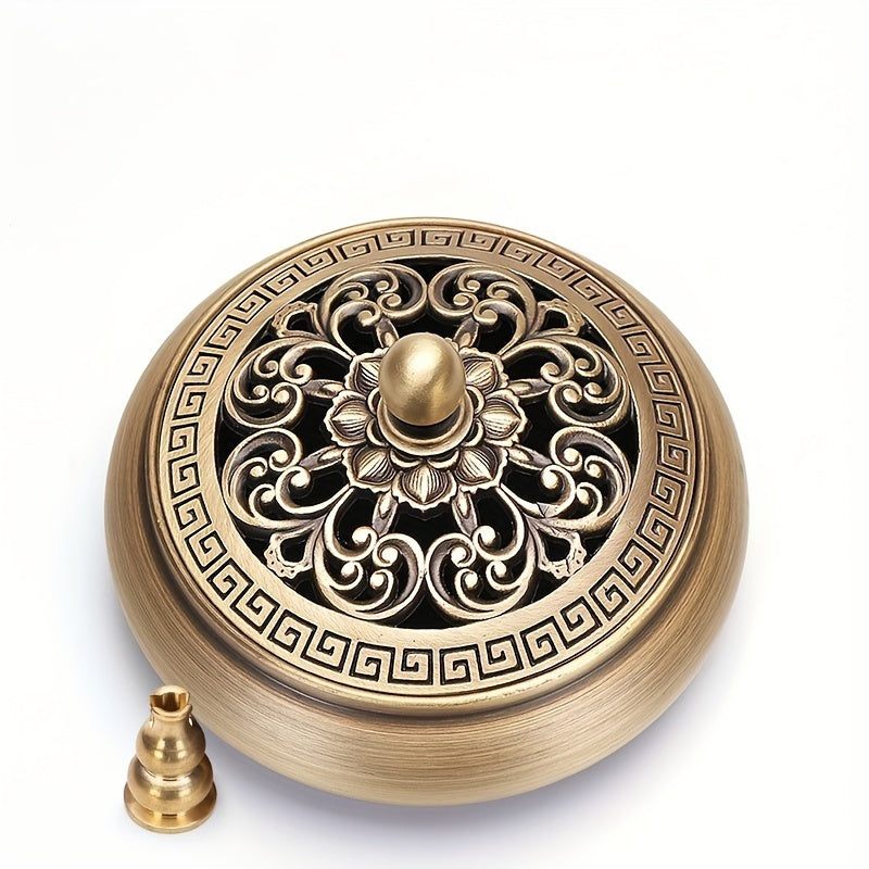 Nutshell brass incense burner set with intricate floral design and removable holder
