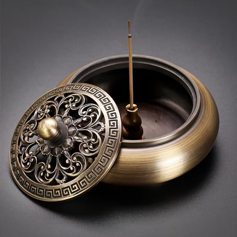 Brass incense burner set with ornate lid and holder for incense sticks