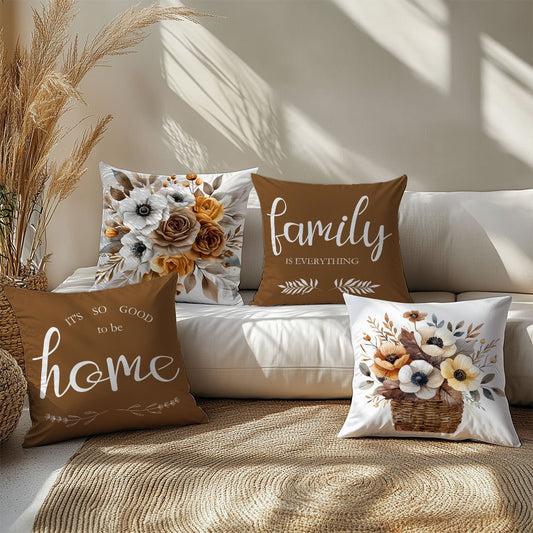 Brown floral pillow covers set featuring decorative patterns and phrases for cozy home decor